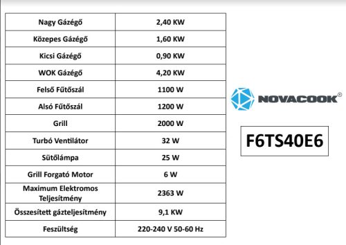 Novacook F6TS40E6-HI Inox  Kombinált Digitális Exclusive Line 60 Tűzhely
