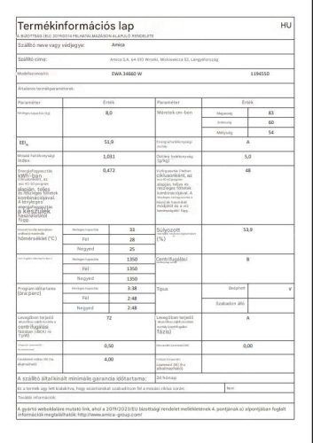 Amica EWA 34660 W A 8kg 1400 f/p Beépíthető Gőzős Inverteres Elöltöltős Mosógép