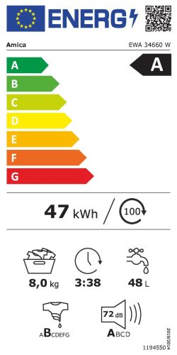 Amica EWA 34660 W A 8kg 1400 f/p Beépíthető Gőzős Inverteres Elöltöltős Mosógép