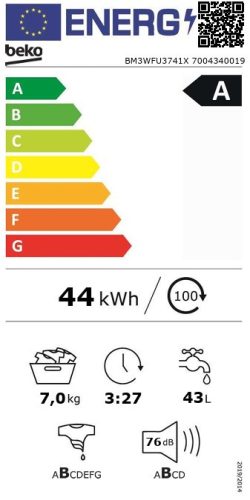 Beko BM3WFU3741X A 7kg 1400 f/p Inverteres Gőzös Keskeny Elöltöltős Mosógép