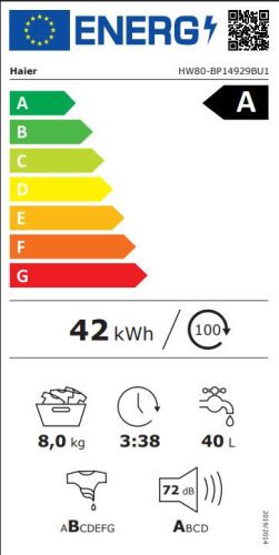 Haier HW80-B14929BU1 A 8kg 1400 f/p BPM Inverteres Keskeny Gőzös Elöltöltős Mosógép
