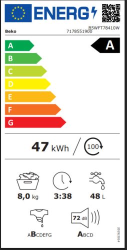 Beko B5WFT78410W A 8kg 1400 f/p Pro Smart Inverteres Gőzös Elöltöltős Mosógép