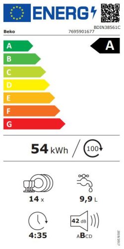 Beko BDIN38561C A 14 Terítékes Pro Smart Inverteres Beépíthető Mosogatógép