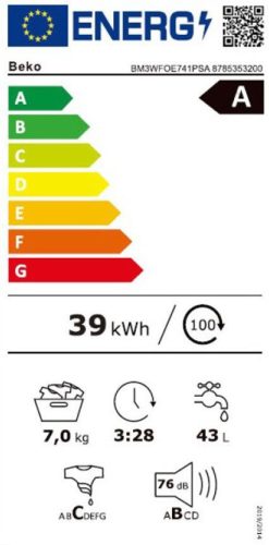 Beko BM3WFOE741PSA A 7kg 1400 f/p ProSmart Inverteres Gőzös Elöltöltős Mosógép