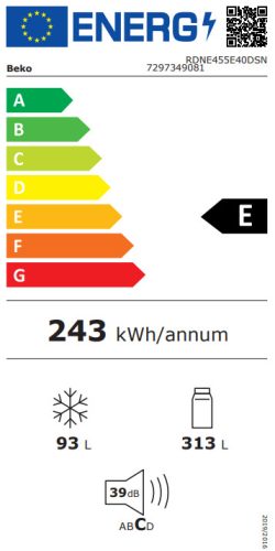 Beko RDNE455E40DSN E 406L NoFrost ProSmart Inverteres Kombinált Hűtőszekrény