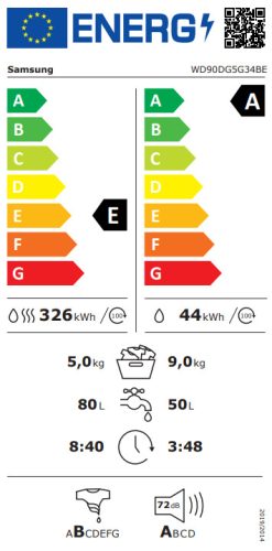Samsung WD90DG5G34BE 9/5kg A/E 1400f/p Digital Inverteres Gőzös Keskeny Mosó-Szárítógép