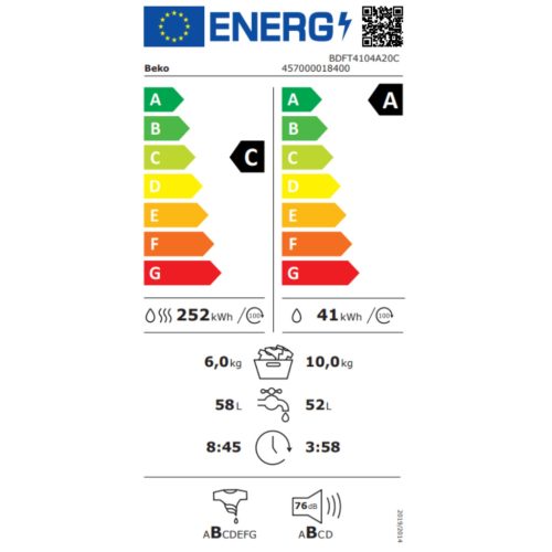 Beko BDFT4104A20C A/C 10/6kg 1400f/p. ProSmart Inverteres Gőzös Mosó-Szárítógép